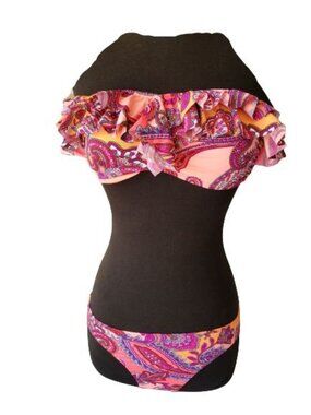 Old Navy Womens Swim M Bikini Set Paisley Ruffle Vibrant Pink Orange Swimwear